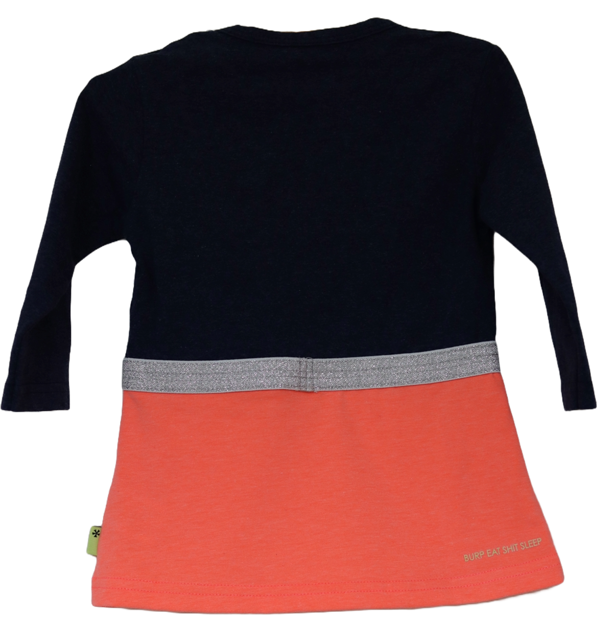 Jurkje van B.E.S.S. (achterkant) in maat 74. Een mooi donkerblauw lijfje met een rokje in een frissen en opvallende oranje kleur. Versierd met zilveren details.