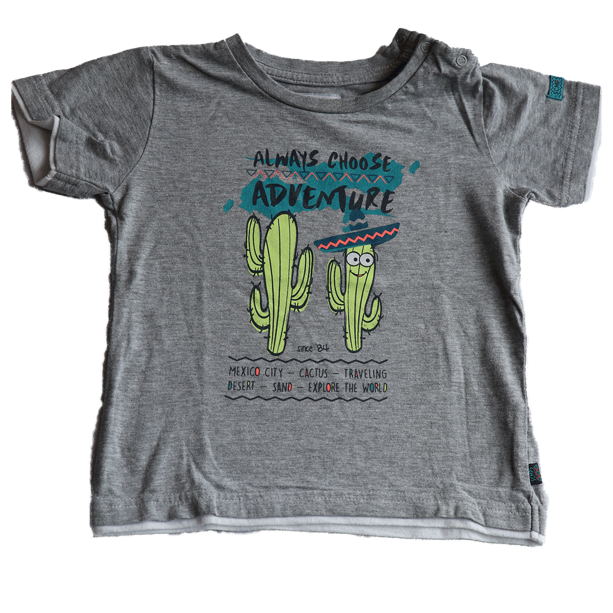 Ontdek het t-shirt Adventure grijs, maat 86, perfect voor de zomer. Gemaakt van katoen, met een unieke cactusopdruk en inspirerende teksten.