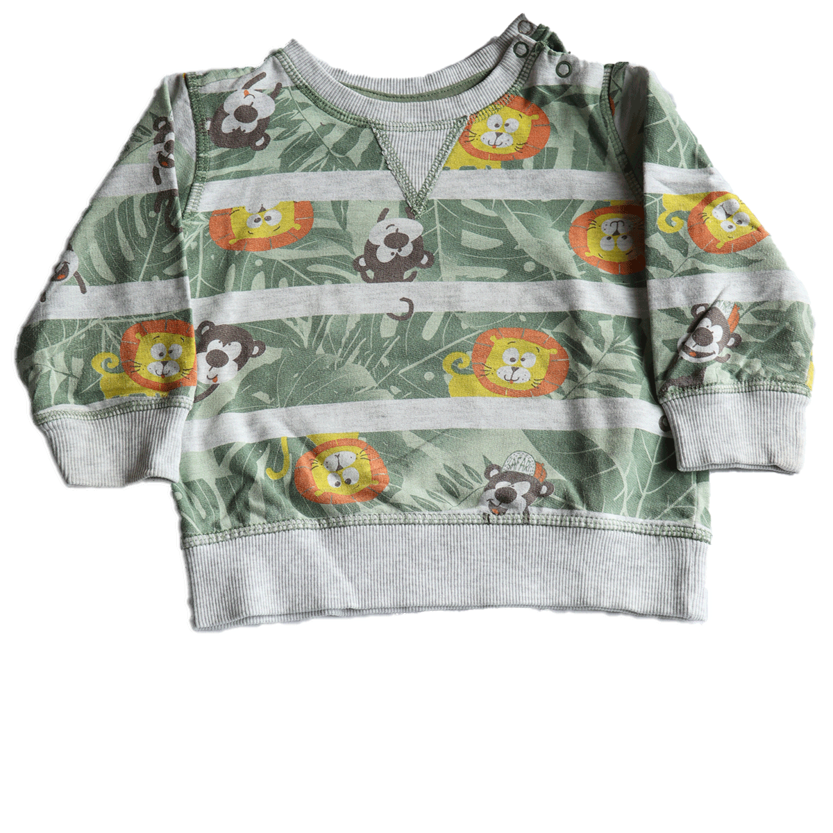 Jungle trui in maat 86 voor jongens. In een licht grijze kleur versierd met afbeeldingen van vrolijke apen en stoere leeuwen.