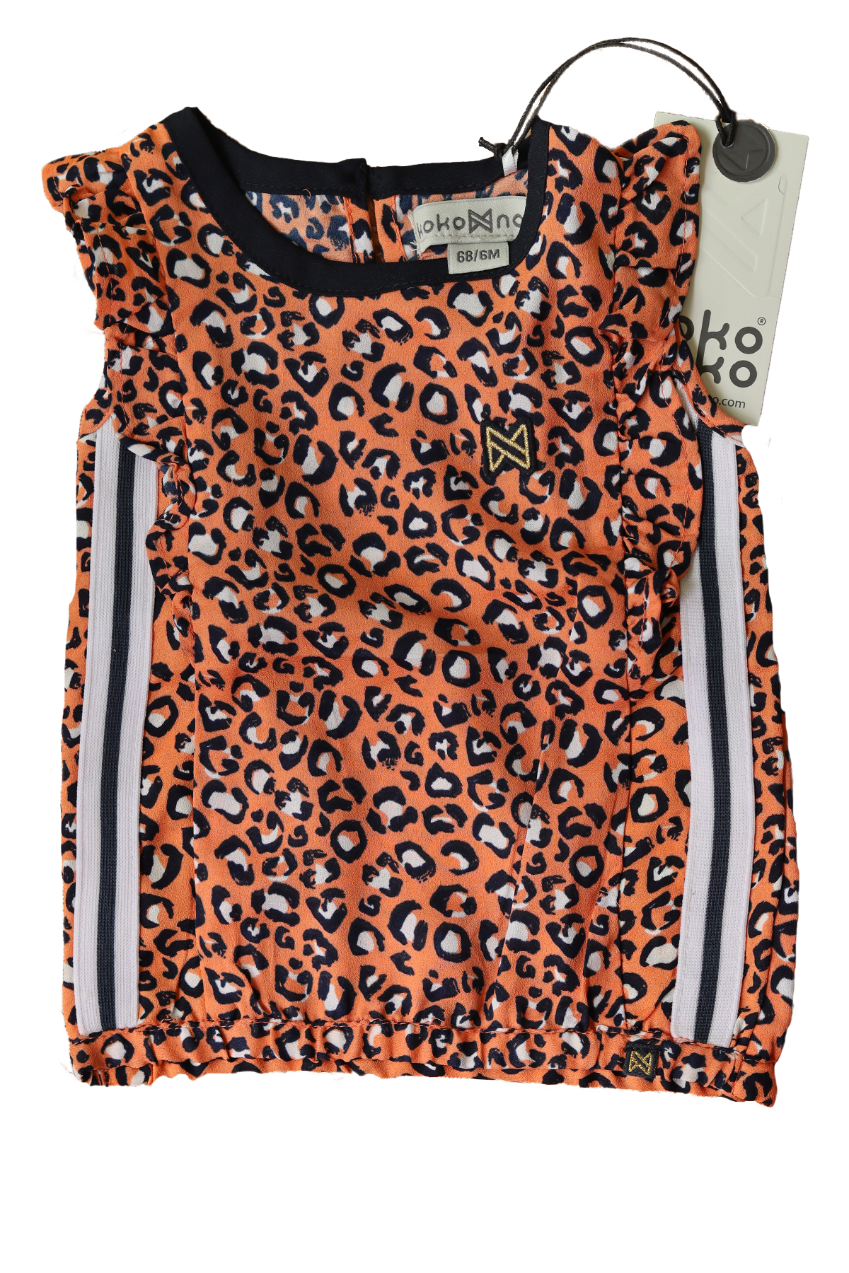 Koko Noko Luipaarden top, dit mouwloze shirt heeft een heerlijk luchtig wijd vallend model en een stoer luipaarden motief. Maat 68.