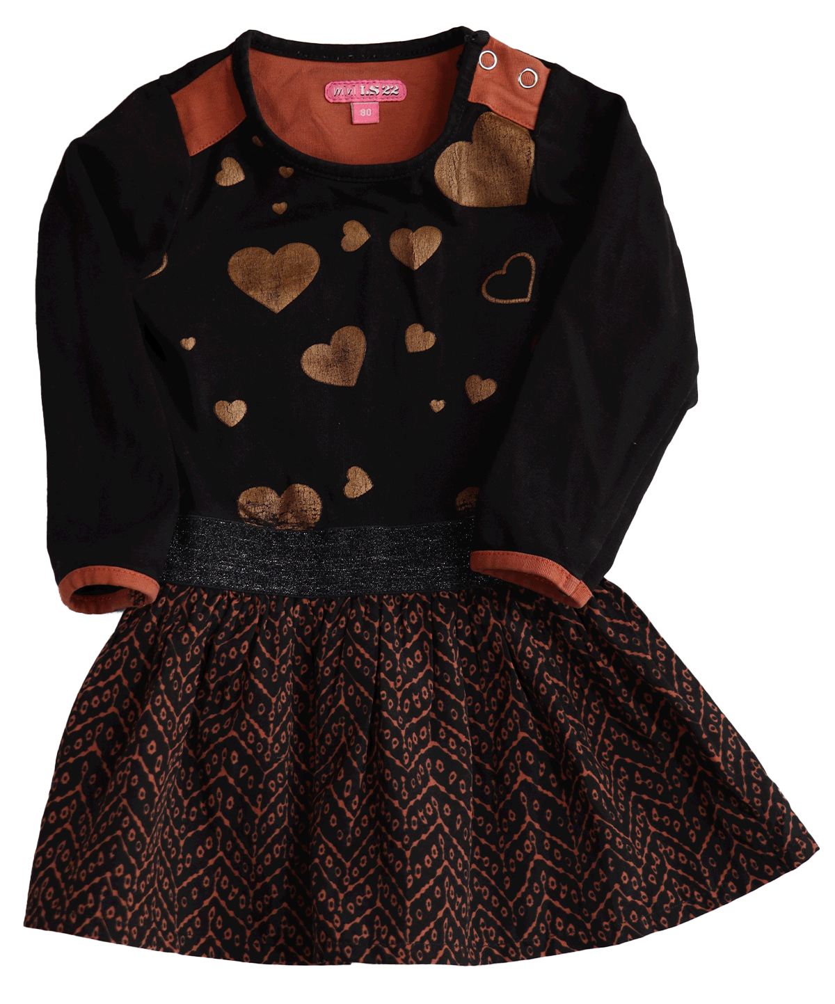 Lovestation22 jurk Noa in maat 80. Is een stijlvol exemplaar en staat ontzettend schattig. Deze zwarte jurk met gouden hartjes kleed mooi af.