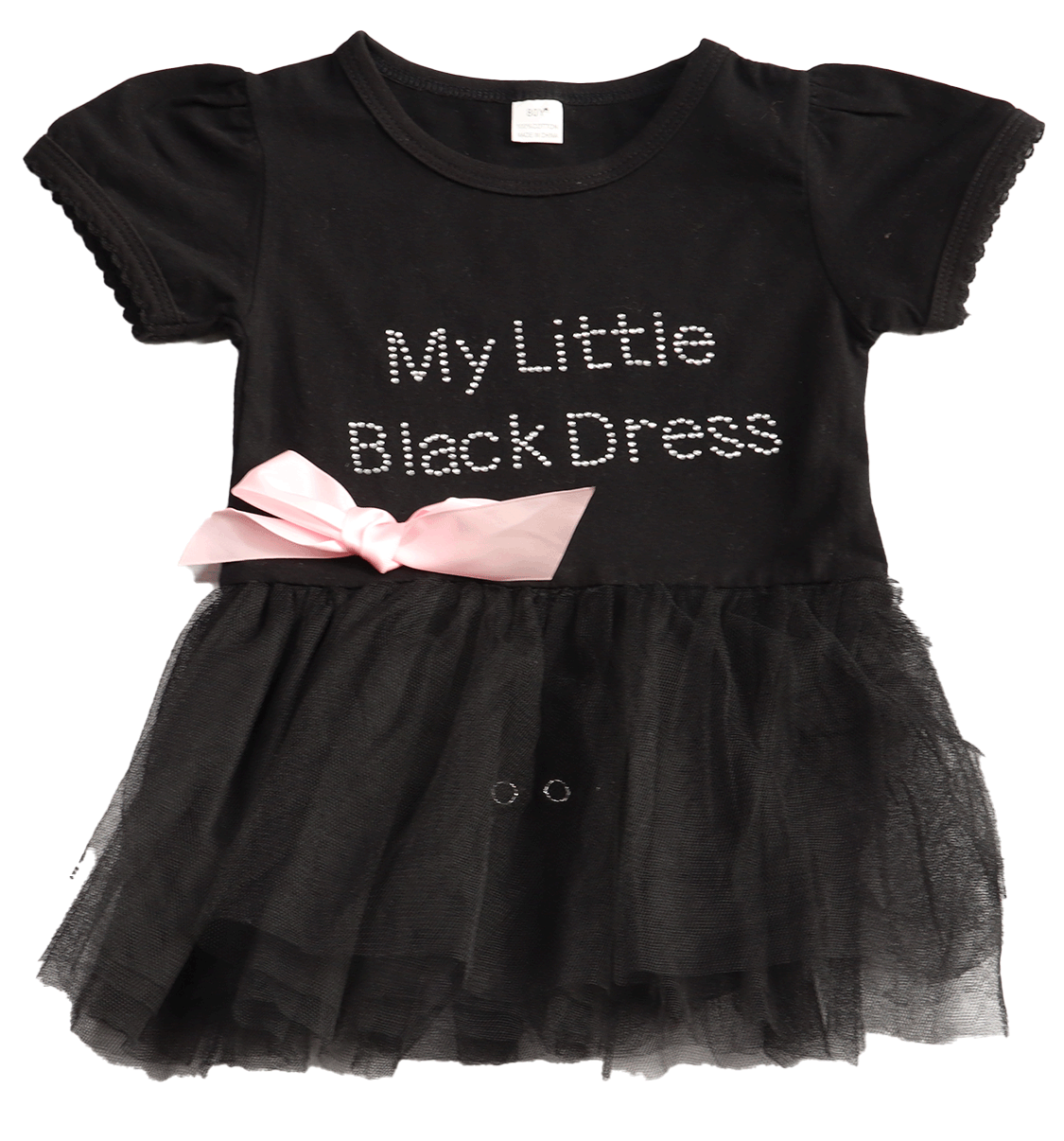 Little Black Dress in maat 80. Super schattig en stijlvol jurkje met een strass, een roze strik en natuurlijk een tule rok.