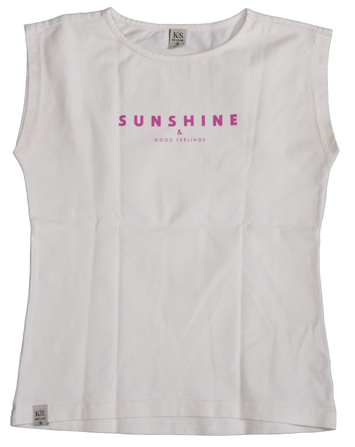 Kie Stone shirt. Een mouwloos shirt gemaakt van stevig katoen met een mooi roze opdruk in de tekst 'Sunshine&Good feelings'