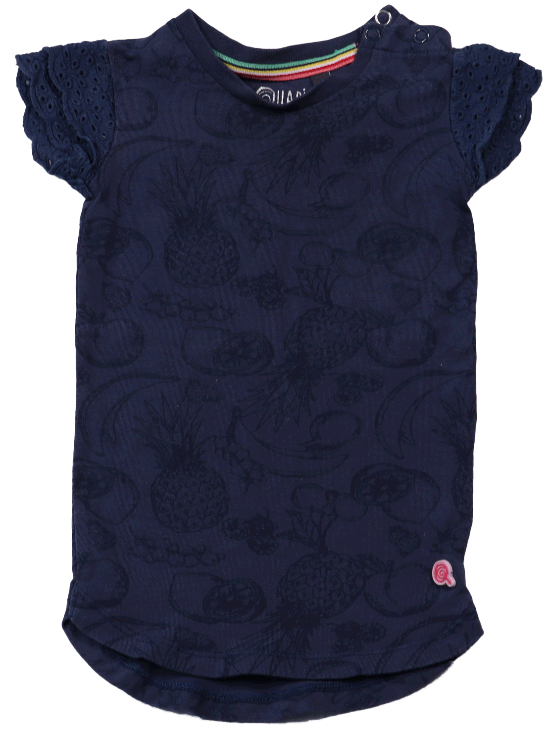 Quapi Ananas jurk is gemaakt voor je Newborn en heeft maat 68. Deze jurk heeft een prachtige donkerblauwe kleur met een hip motief van fruit.