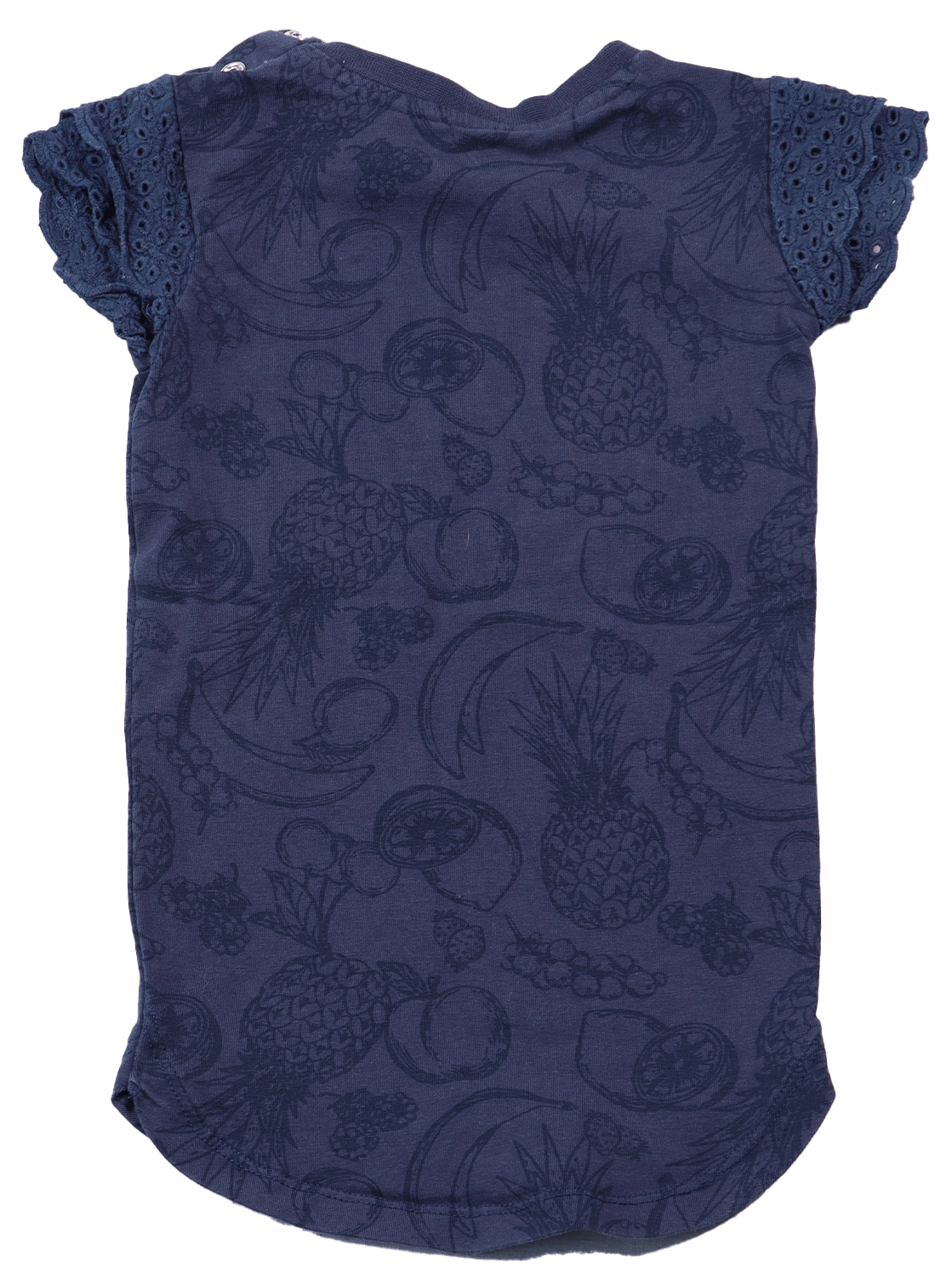 Quapi Ananas achterkant, jurk is gemaakt voor je Newborn en heeft maat 68. Deze jurk heeft een prachtige donkerblauwe kleur met een hip motief van fruit.