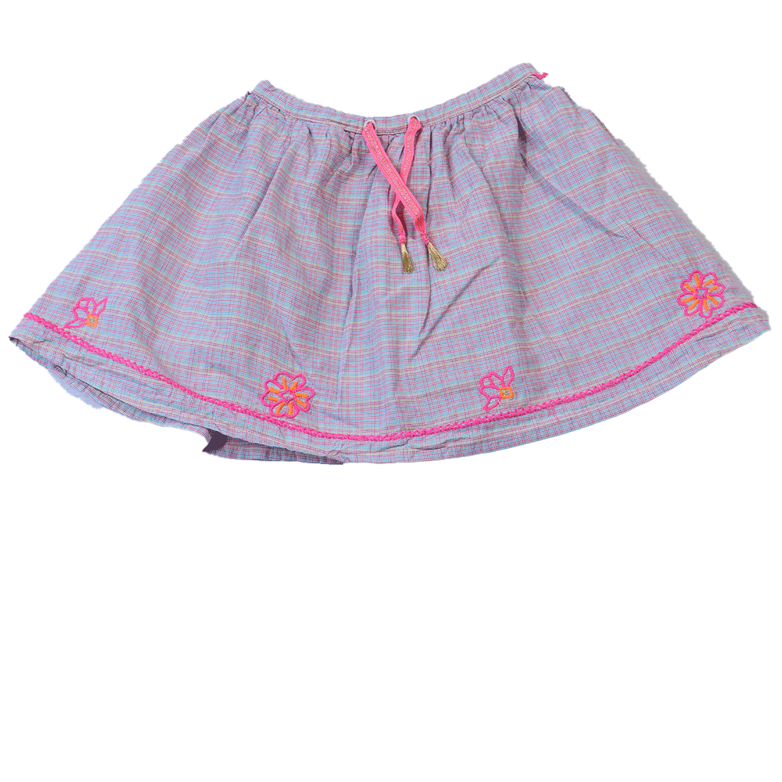 Le Big rokje in maat 110-116. Een vrolijk rokje met veel verschillende kleuren. Aan de onderzijde zitten roze bloemen geborduurd.