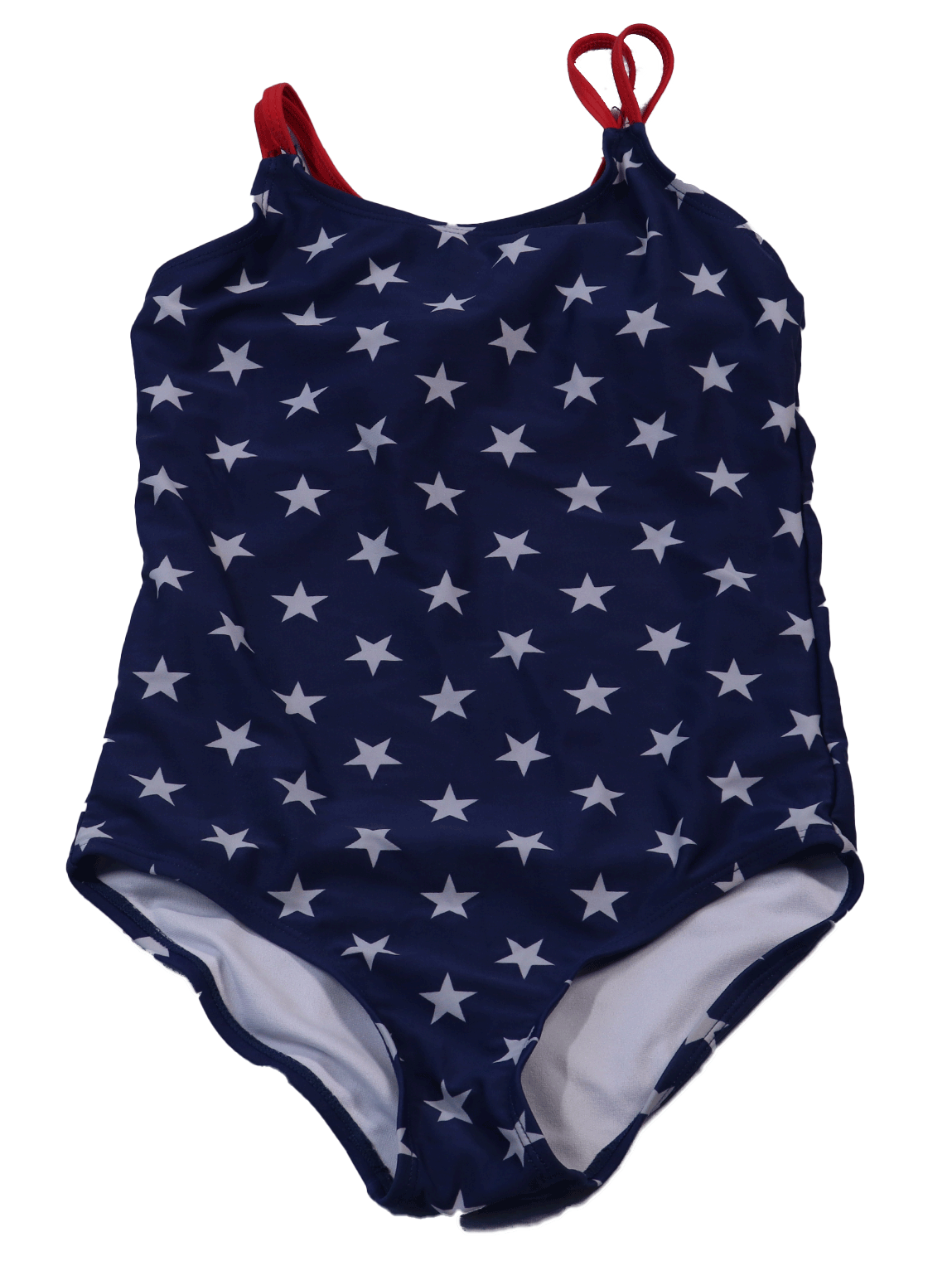 Zwempak met sterren in een mooie donkerblauwe kleur en rode schouder bandjes. leuk voor in het zwembad en voor op het strand.