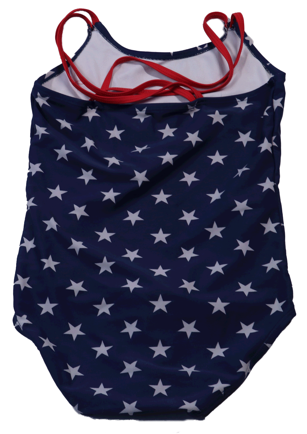 Zwempak achterkant met sterren in een mooie donkerblauwe kleur en rode schouder bandjes. leuk voor in het zwembad en voor op het strand.