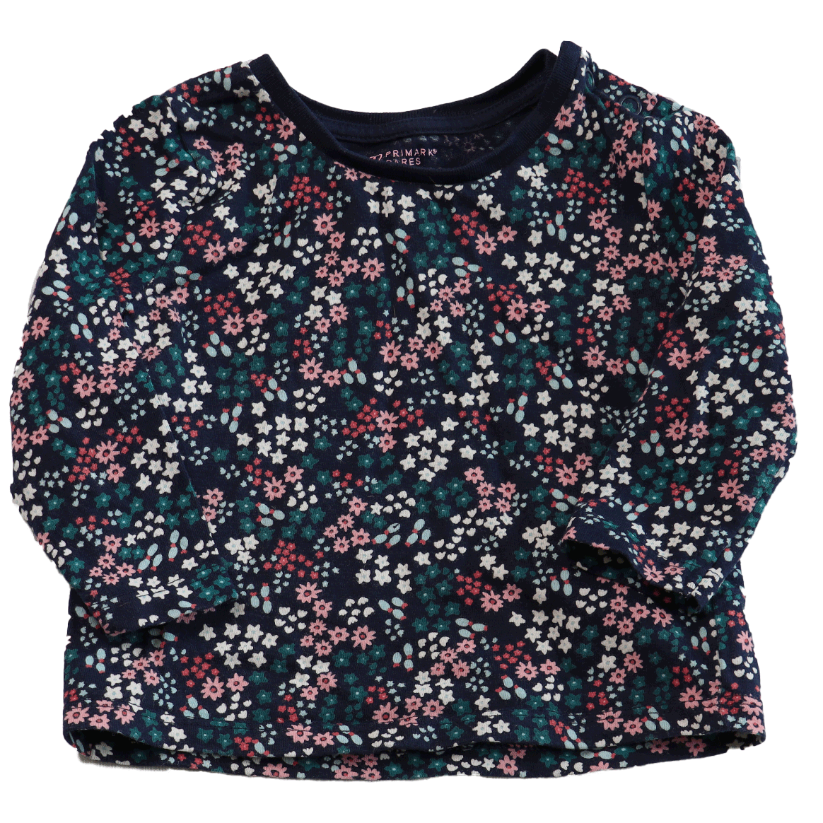 Primark Longsleeve bloemetjes, een leuke donkerblauwe longsleeve met een kleurrijk en vrolijk bloemetjes motief all-over in verschillende kleuren. Maat 74.