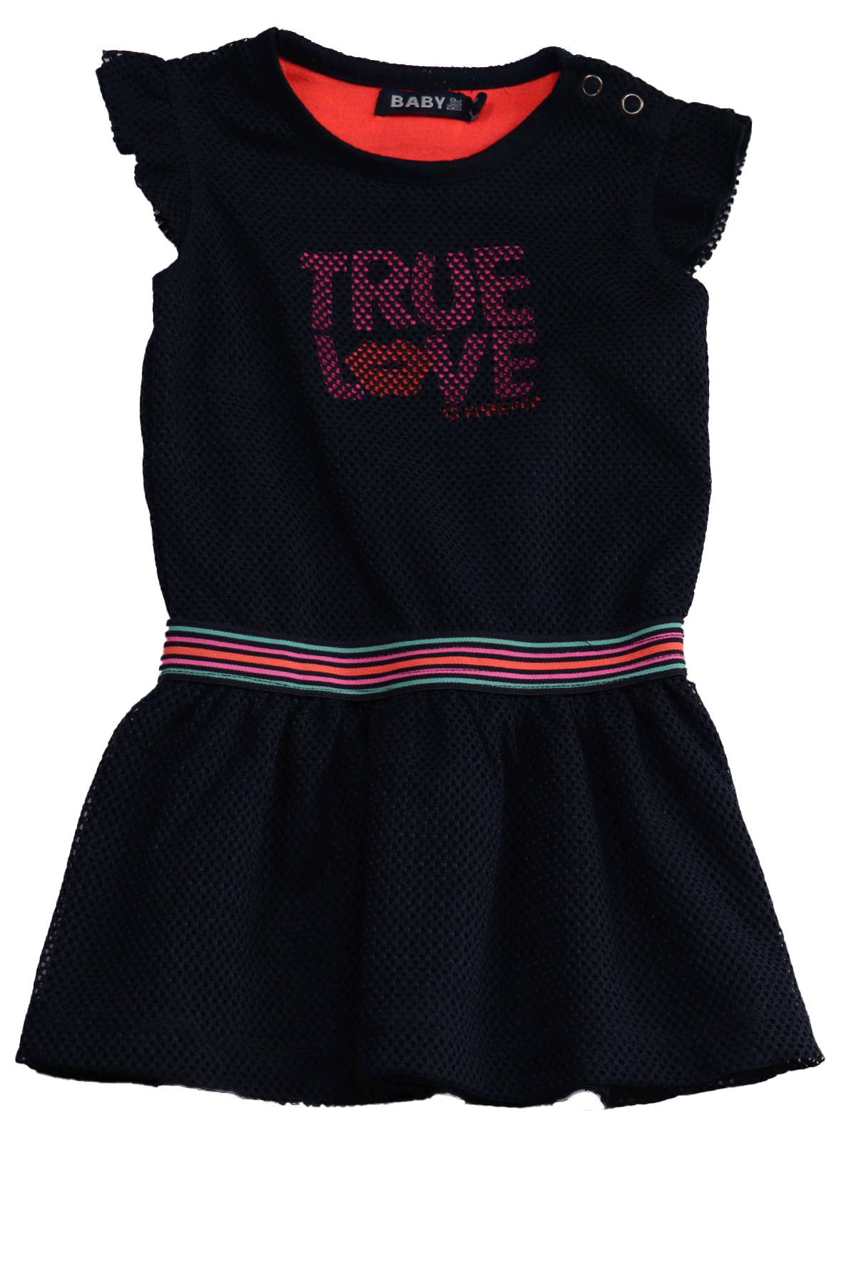 BABY Blue TrueLove zomerjurk in maat 80. Deze vrolijke jurk heeft een mooie pasvorm en een speels zwierig rokje wat je stoere meid met plezier zal dragen.