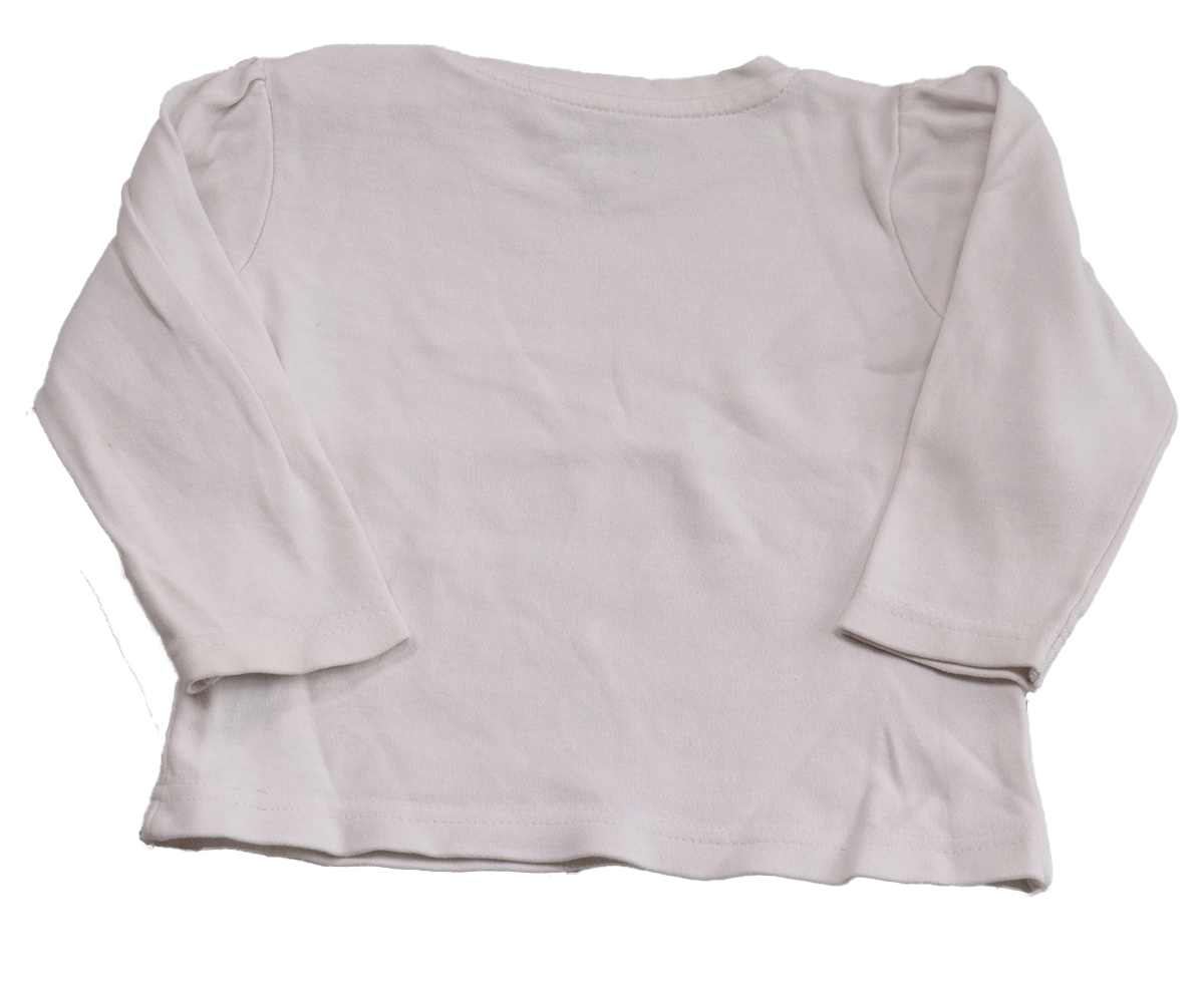 Blue Seven sweater (achterkant) in maat 74 is geschikt voor meisjes van 9-12maaden. Door het modieuze ruimvallende model kan ze zeker wel langer mee.