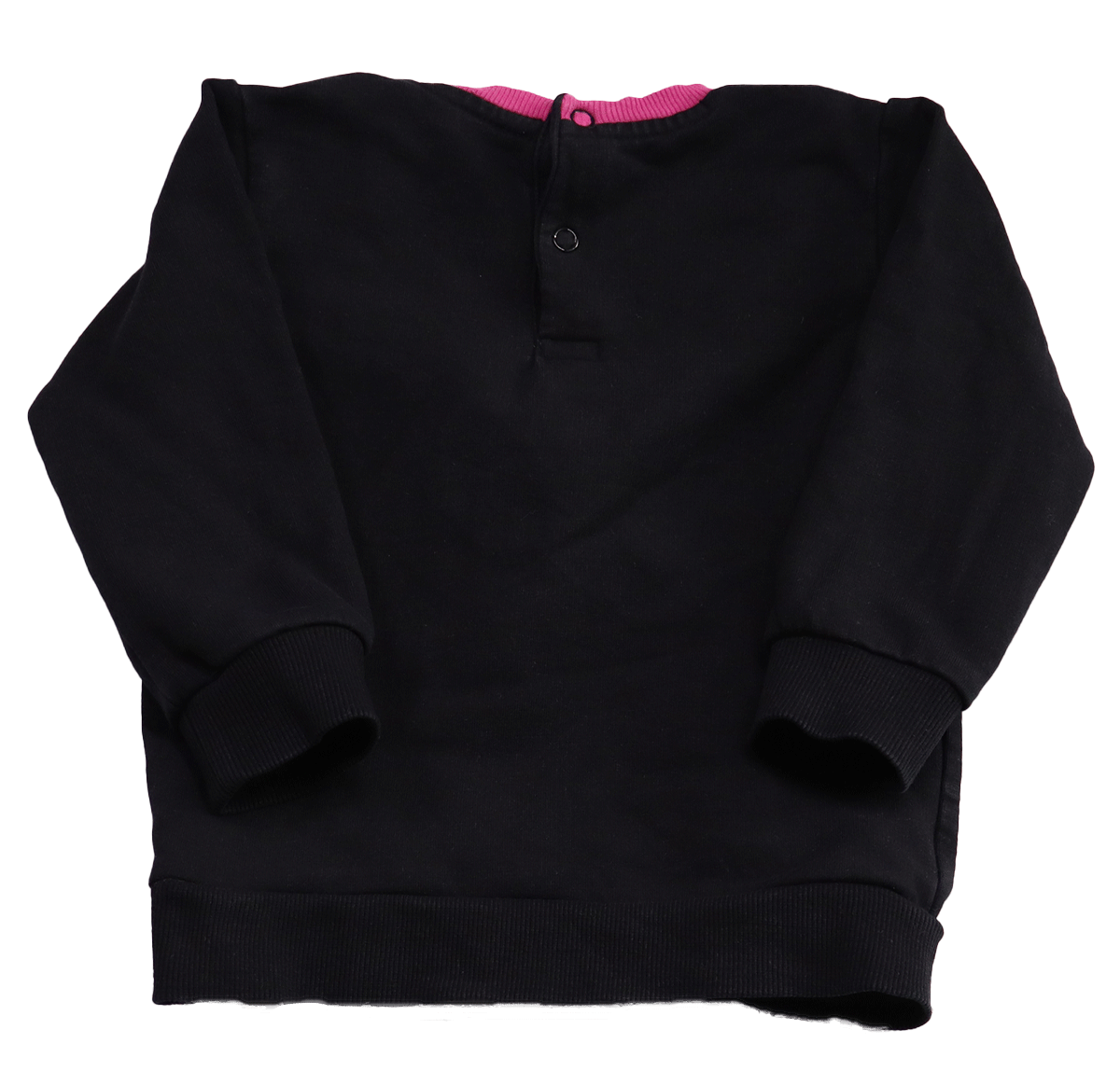Quapi sweater zwart-roze (achterkant) draagt maat 80 en is gemaakt van katoen met elastaan. Fijne trui voor de frisse dagen waar je kleine goed in kan bewegen.