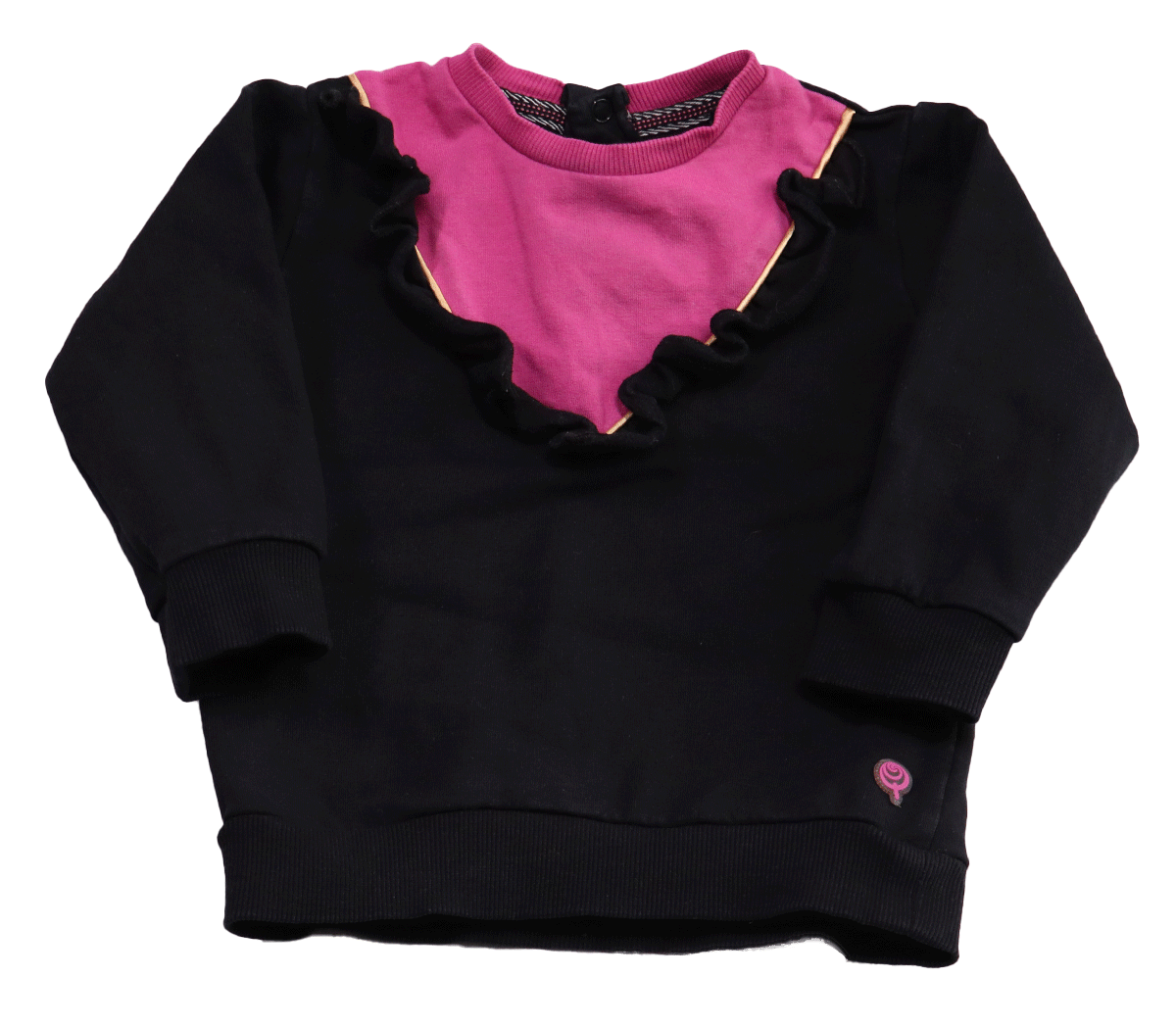 Quapi sweater zwart-roze draagt maat 80 en is gemaakt van katoen met elastaan. Fijne trui voor de frisse dagen waar je kleine goed in kan bewegen.