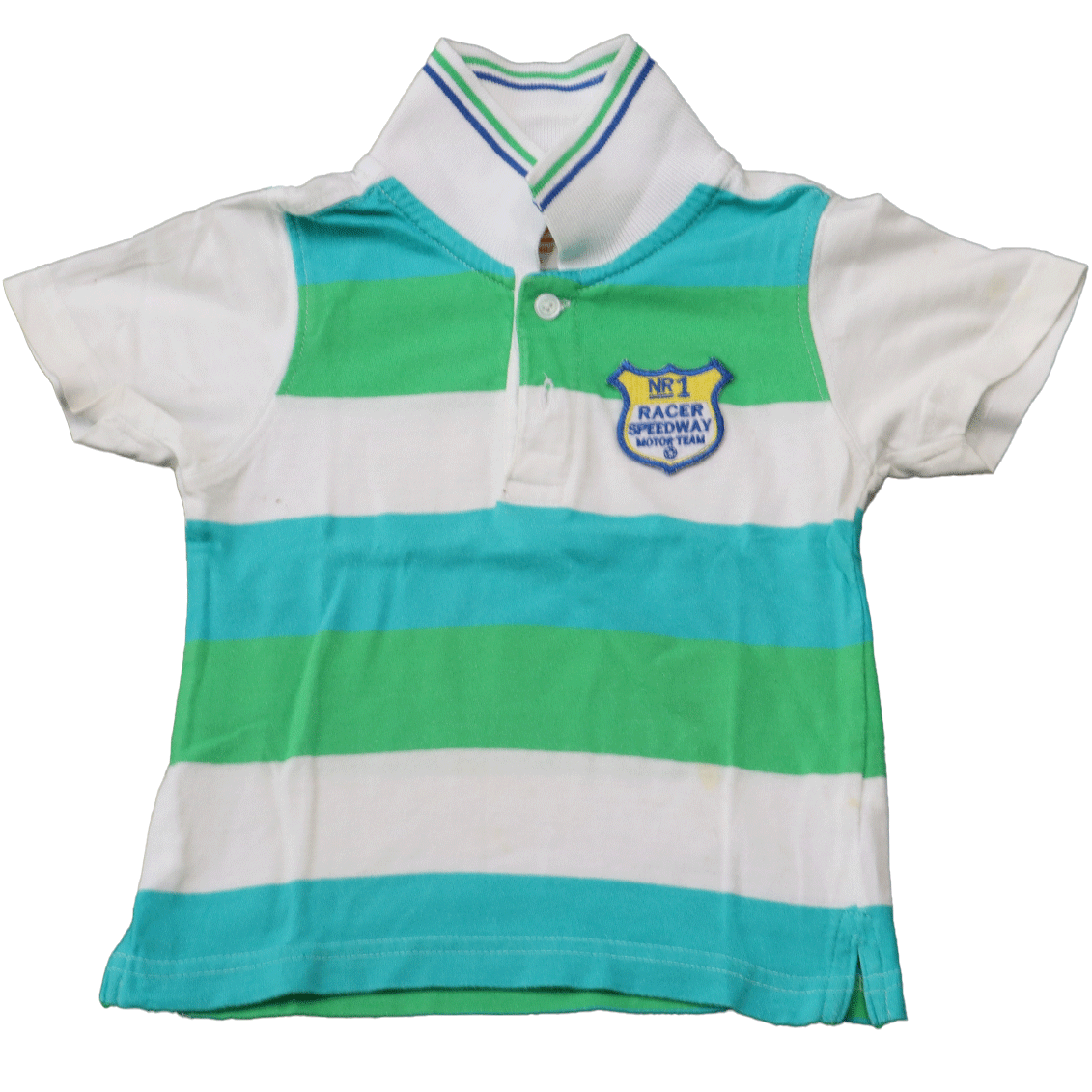 Frendz polo racer in maat 86 voor jongens. Deze polo heeft een frisse kleuren combinatie en ondanks dat deze gedragen is stralen de kleuren nog steeds.