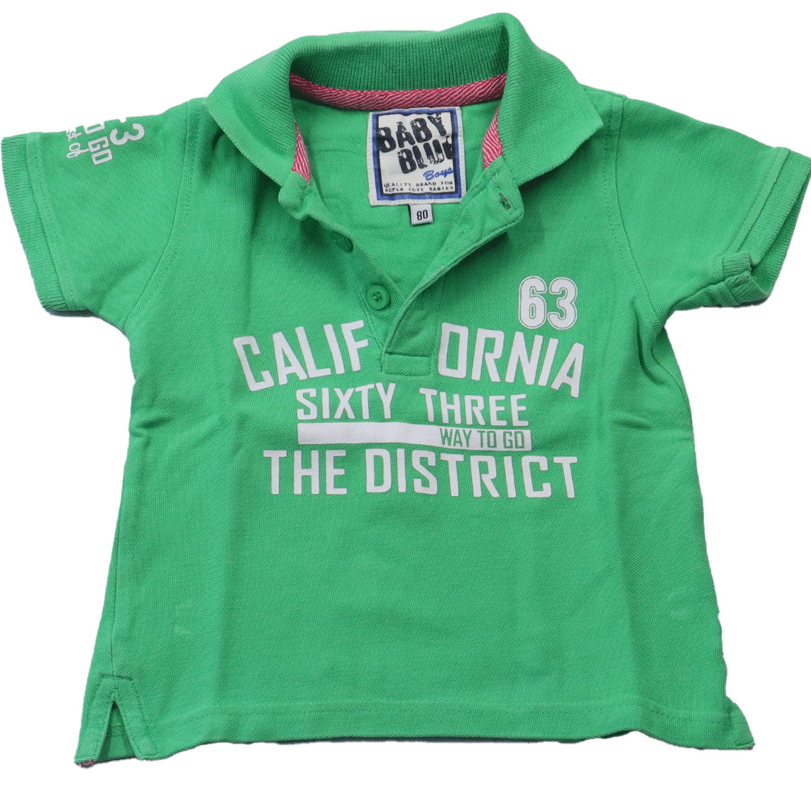 BabyBlue California polo in maat 80 voor jongens. Een frisse groen kleur met een mooi opdruk in witte letters. Gemaakt van 100 katoen.
