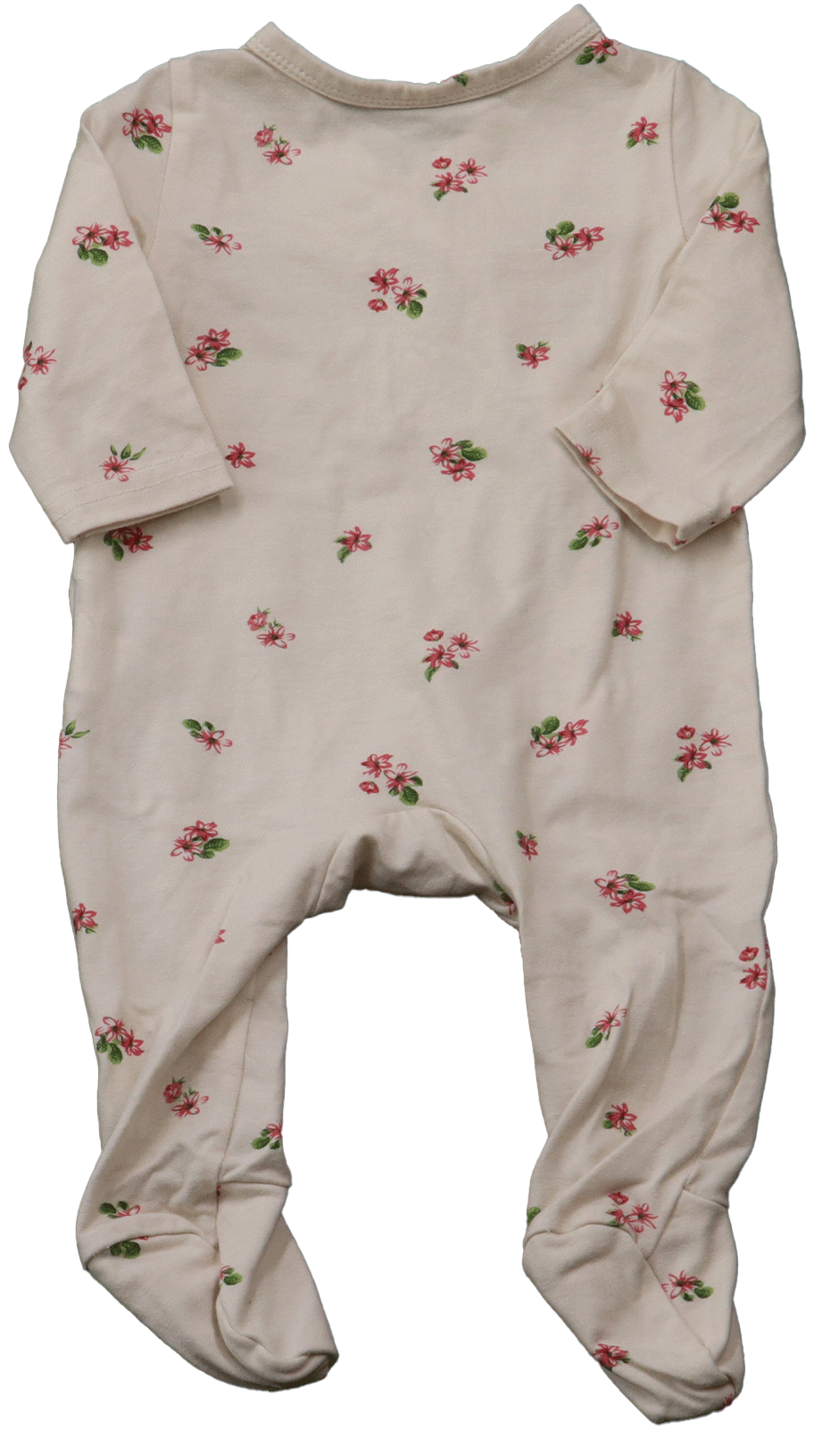 boxpakje wit met bloemen (achterkant) in newborn maat 62. Dit pakje heeft een frisse witte kleur en is versierd met roze bloemen met groene bladeren.