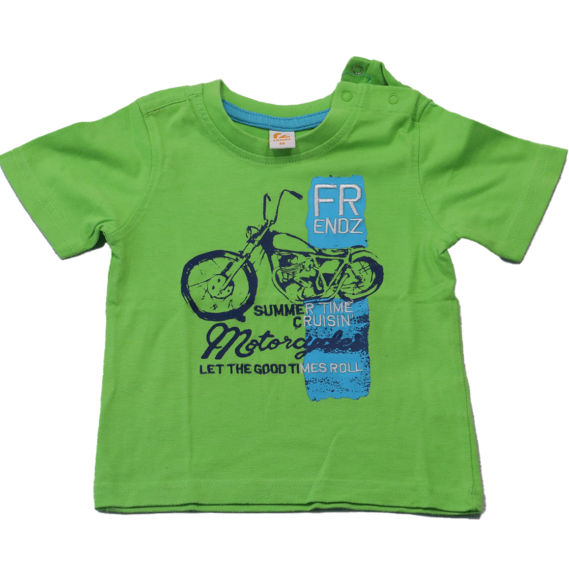 Frendz motor t-shirt in maat 86. Dit shirt heeft een frisse appeltjes groene kleur en is versierd met de afbeelding van een stoere motor.