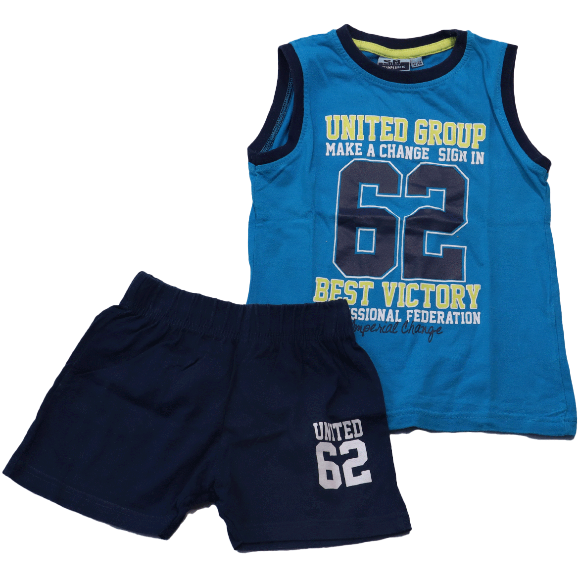 Scamps&Boys setje blauw in maat 92-98 voor jongens. Een heerlijk comfortabel zomer setje om vrij in te bewegen en te spelen.