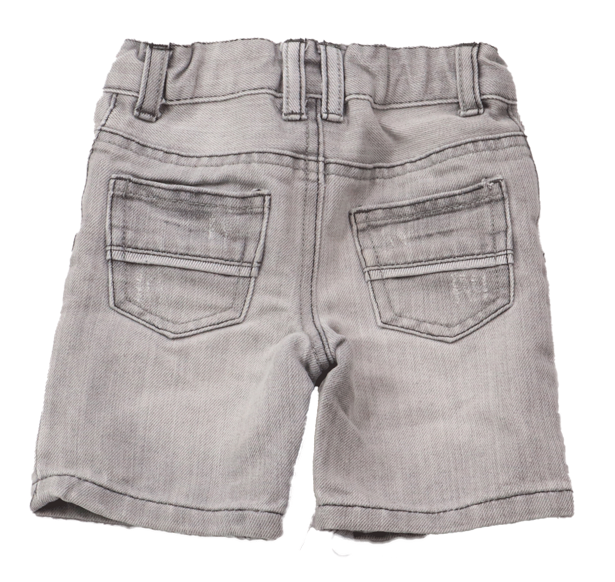 Denim&co grijze short (achterkant) in maat 80. Heeft een stoere grijze denim uitstaling met een used look op steekzakken aan de achterzijde.