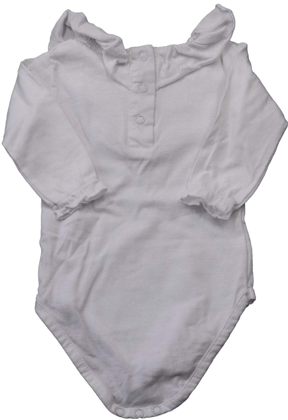 Romper met kraagje (achterkant) in maat 56. Deze newborn romper is een stralend wit exemplaar en heeft een modieuze en stijlvolle look door de versierde halslijn.