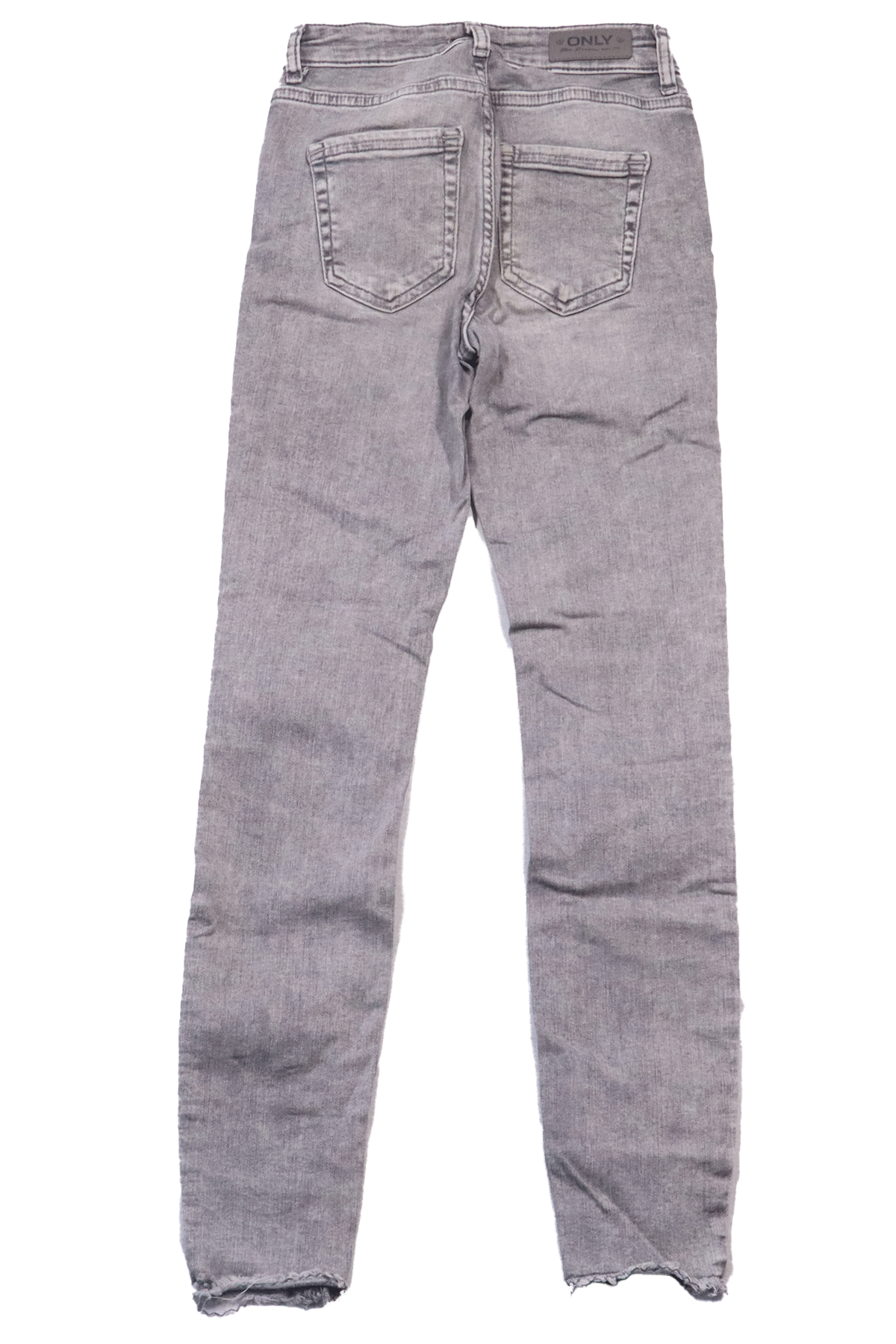 Grijze Only midskinny (achterkant) in maat 32 XS. Deze licht grijze jeans heeft een pijp die eindigt boven de enkels en is versierd met rafels.